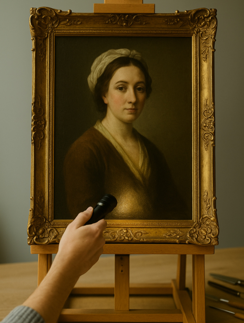 Gemälde wird mit Taschenlampe beleuchtet.