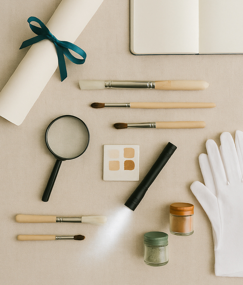 Pinsel, Lupe, Handschuhe, Taschenlampe