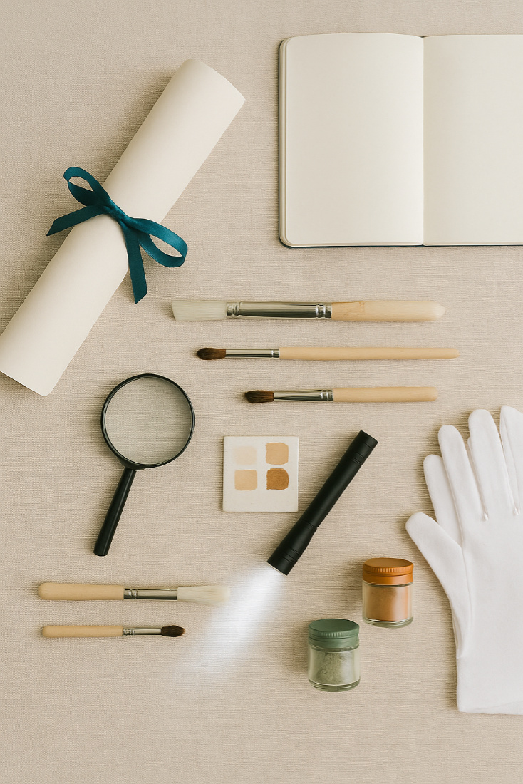 Pinsel, Lupe, Handschuhe, Taschenlampe