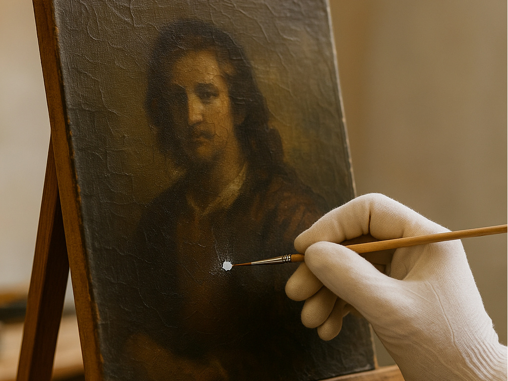 Abbildung eines alten Gemäldes mit einer Fehlstelle, welche retuschiert wird.