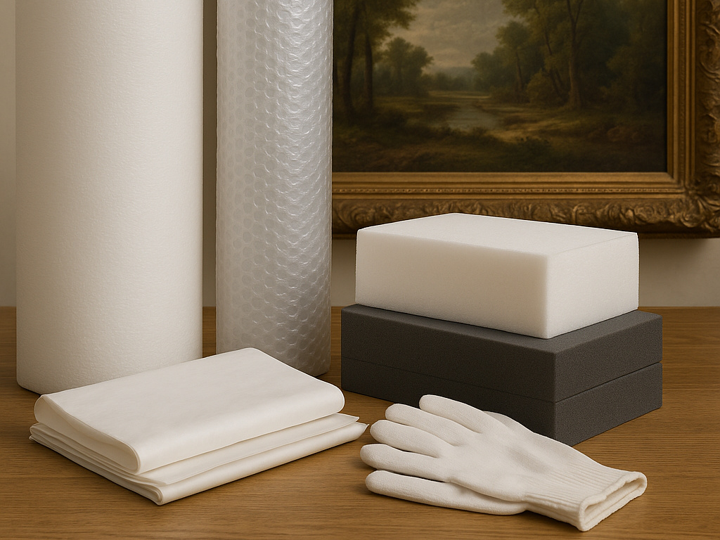 Verpackungsmaterialien vor altem Gemälde