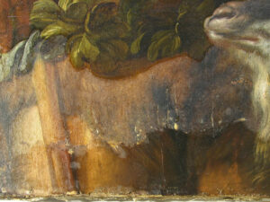 Portfolio 12 Gemälde Bacchus, Detail Unterseite, während der Firnisabnahme, Übermalung deutlich sichtbar